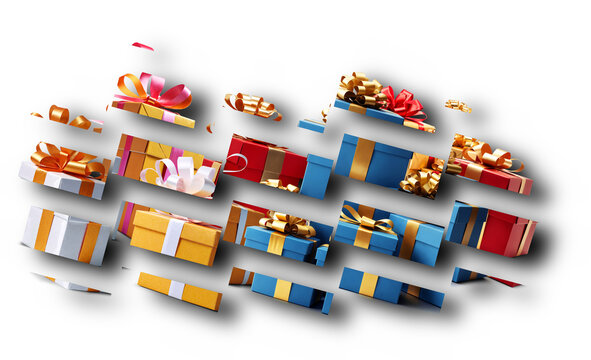 abstract creative opened boyes or cut style design of christmas presents in row, gift boxes colorful, blue yellow red and golden, isolated