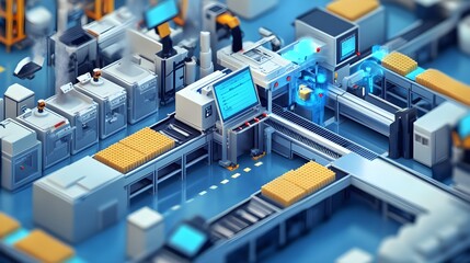 Obraz premium Advanced food manufacturing line with transparent machinery, ingredients moving through seamless processes, and AI quality control units monitoring production