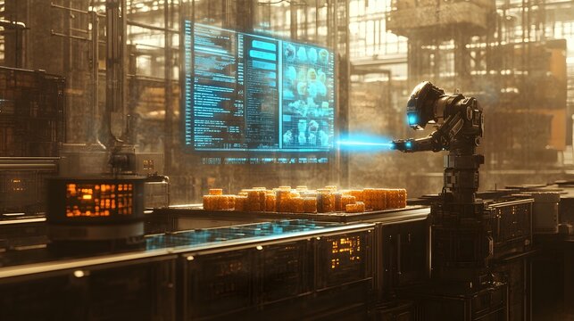 Automated factory with robots emitting blue lasers, inspecting food items, floating digital holograms displaying data, Steampunk elements, Sepia tone, Vintage-futuristic blend