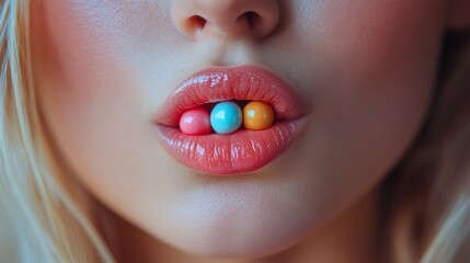Fototapeta premium Close-up of lips with colorful candy, vibrant beauty and sweetness concept