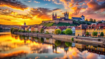 Fototapeta premium Wrzburg Skyline Silhouette at Sunset with Historical Buildings and River Reflections in Germany