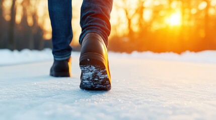 Walking on Snowy Road in Winter Sunset   Man s Foot in Boots