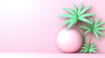 Fototapeta premium Pink Background with Palm Leaves and Sphere Decoration