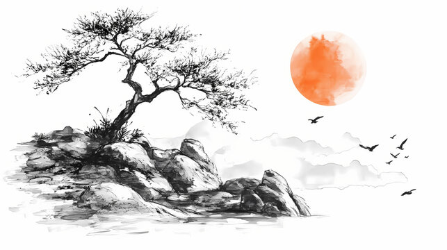 Chinese ink landscape with tree and sun. ai generated. Ink Drawing. Illustration