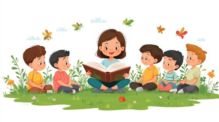 Children sitting in a circle on the grass, captivated by a storyteller reading a book filled with animal adventures, nature in the background