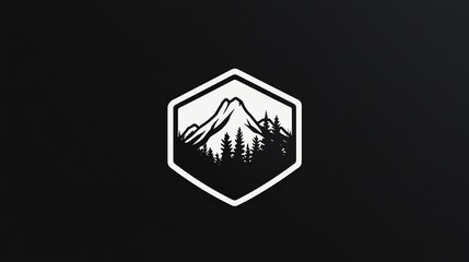 Minimalist mountain logo design with a black background and a white hexagon.