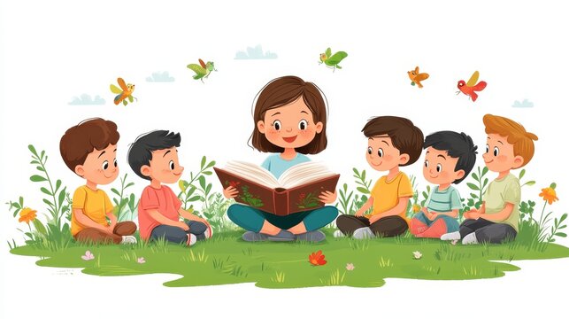 Children sitting in a circle on the grass, captivated by a storyteller reading a book filled with animal adventures, nature in the background