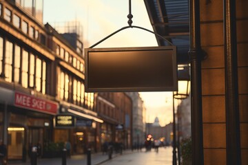 Empty sign hanging in a bustling street at sunset with warm lighting illuminating the surroundings