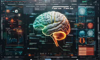 brain scanning hologram on digital screen interface, neural network and neurology science concept, human body research