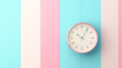 A classic clock face on a blue, white, and pink striped background.