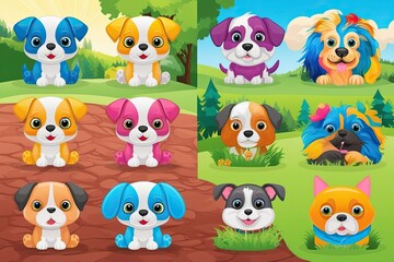 Naklejka premium Colorful Cartoon Graphic Collection for Kids with Lively Pets and Stunning Backgrounds