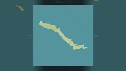 Amchitka Island, United States, highlighted and labelled. Topo Humanitarian © zelwanka