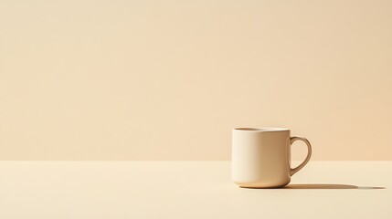 A single, plain white mug on a beige background.