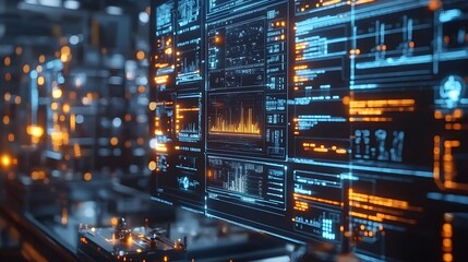 Obraz premium High-tech interface in a futuristic automated factory, real-time data visualizations, production lines assembling high-end products with precision