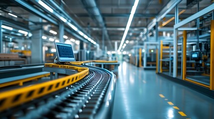 Obraz premium Modern food production line with automated AI monitors inspecting each item for quality control, sleek and sterile industrial setting