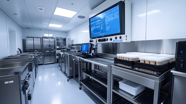 A clean, highly-automated food production facility with AI sensors checking product consistency in real-time