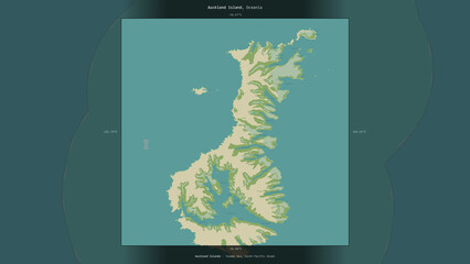 Auckland Island, New Zealand, highlighted and labelled. Topo Humanitarian © zelwanka