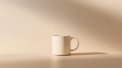 A white coffee mug on a beige surface with a soft, natural light shining down on it.