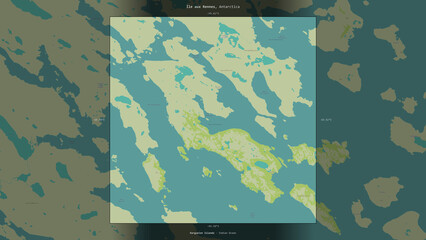 Ile aux Rennes, French Southern and Antarctic Lands, highlighted and labelled. Topo Humanitarian © zelwanka