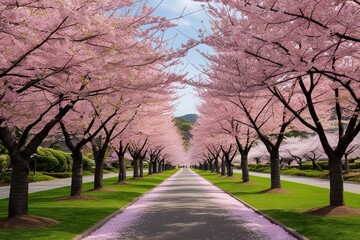 Obraz premium Cherry Blossom Avenue Framed by Vibrant Trees and Delicate Petals in a Picturesque Spring Landscape