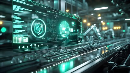 Fototapeta premium Holographic chart displaying food safety data above a conveyor belt with robots packaging food items, AI-driven, cold white and green lights, digital illustration, automated factory scene