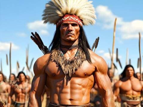 A noble Apache chief, standing confidently in front of his tribe, adorned with traditional attire as he prepares to defend his land against intruders. Apache chief with his tribe.


