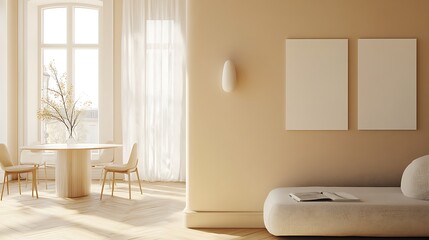  Beige home living room interior with rest and dining zone, window. Mockup wall 