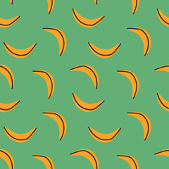 Banana seamless pattern.Yellow fruits on the green background.Good for wallpaper,textile,background,poster,post cards.Food themes Bananas in trendy modern hand-drawn style.Vector illustration EPS10