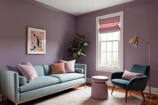 Inviting Cozy Reading Nook with Soft Lilac Walls and Modern Furniture