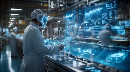 Obraz premium Futuristic operators surrounded by holographic interfaces monitoring food processing systems, data flows dynamically across floating screens