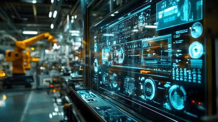 Fototapeta premium Cutting-edge manufacturing control center, transparent displays with live production metrics, robotic arms assembling products in the distance