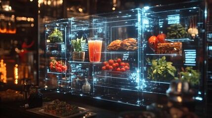 Holographic displays showing AI analysis of scanned food items, laser grids removing defective products, ultra-modern, metallic finishes, neon lights, hyper-realistic, 3D render