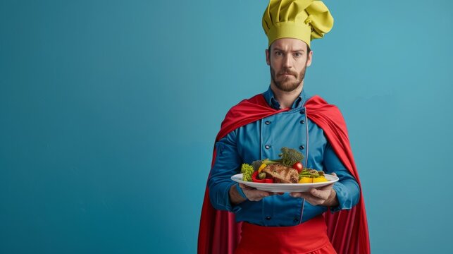 A chef in a superhero cape and chef's hat holds a plate of food with a serious expression on his face.