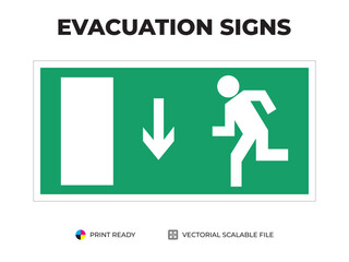 Emergency exit sign. Direction to the evacuation exit sign. Down, left. Universal symbol for safe evacuation used in public buildings. Safety signage vector with green background.