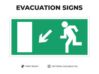Emergency exit sign. Direction to the evacuation exit sign. Down, stairs left. Universal symbol for safe evacuation used in public buildings. Safety signage vector with green background.
