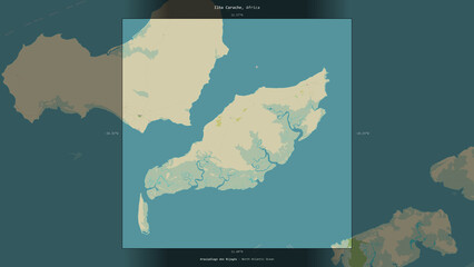 Ilha Carache, Guinea-Bissau, highlighted and labelled. Topo Humanitarian © zelwanka
