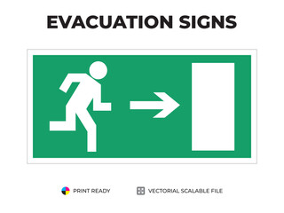Emergency exit sign. Direction to the evacuation exit sign. Right. Universal symbol for safe evacuation used in public buildings. Safety signage vector with green background.