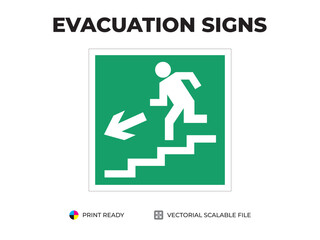 Emergency exit sign. Direction to the evacuation exit sign. Down the stairs to the left. Universal symbol for safe evacuation used in public buildings. Safety signage vector with green background.