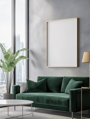 Modern living room with green velvet sofa and blank frame