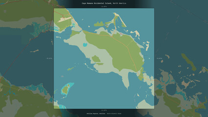 Cayo Romano Occidental Island, Cuba, highlighted and labelled. Topo Humanitarian © zelwanka