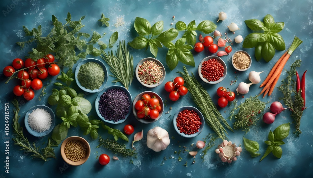 Wall mural Vibrant display of assorted fresh herbs, spices, and vegetables against a textured blue backdrop