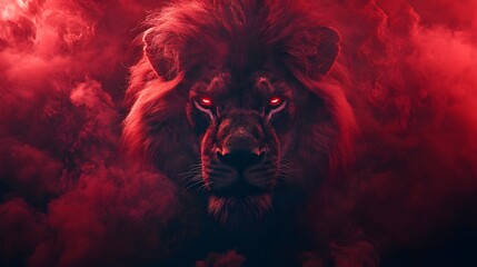 Regal lion face, sharp details in its mane, surrounded by swirling red smoke, dramatic lighting casting shadows, intense and elegant