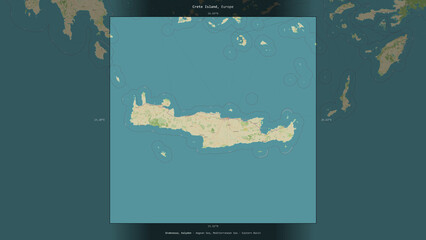 Naklejka premium Crete Island, Greece, highlighted and labelled. Topo Humanitarian