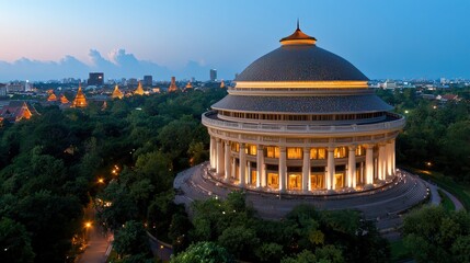 Fototapeta premium Illuminated Dome Building in Bangkok with City Skyline and Park at Sunset