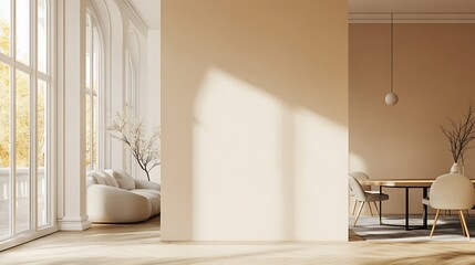 Fototapeta premium Beige home living room interior with rest and dining zone, window. Mockup wall 