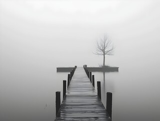 A wooden pier leads to a small island with a lone tree, shrouded in a thick, misty fog.