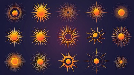A collection of 16 different sun icons in orange and yellow on a dark blue background.