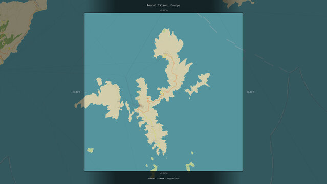 Fourni Island, Greece, highlighted and labelled. Topo Humanitarian