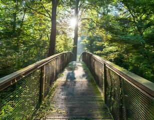 Obraz premium A wide angled shot of a bridge in the woods; sunlight coming through tree branches
