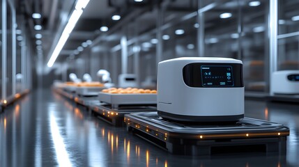 Obraz premium A futuristic food processing line with AI robots detecting contaminants in food products, surrounded by glowing holographic interfaces, Cyberpunk, Dark neon hues, 3D, Sharp focus